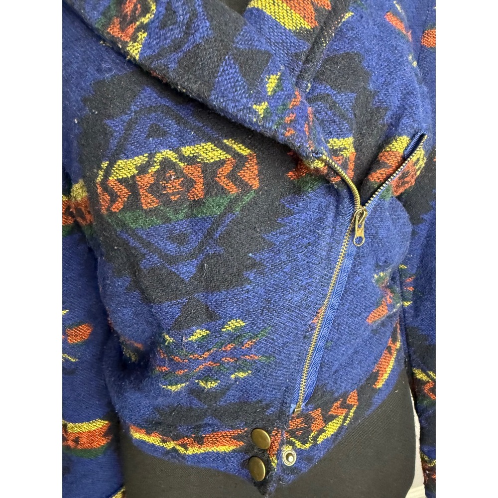 Southwestern Aztec Moto Jacket Blue Geometric Woven Asymmetrical Zip CroppedBoho - Picture 3 of 4